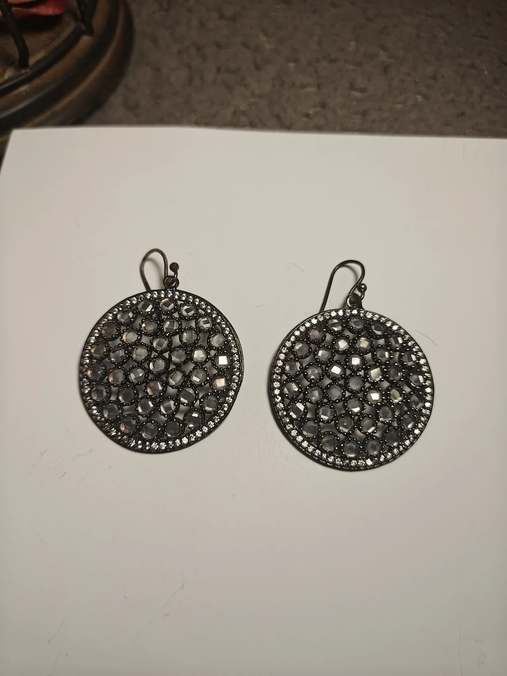 Round Gunmetal Filigree Drop Earrings with Hematite Stones